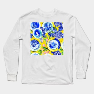 Blue and white porcelain plates on yellow Long Sleeve T-Shirt